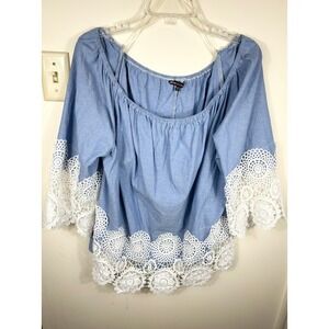 BOHO Off Shoulder Blue Crochet Lace Trim Top Plus Size 3X Fairy Feminine Cottage